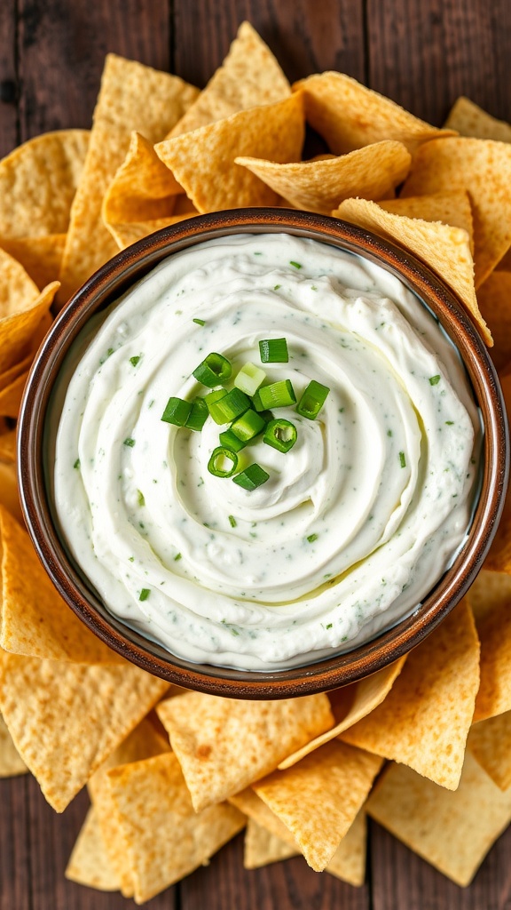 A bowl of jalapeño cream cheese dip with tortilla chips on a rustic table.